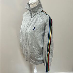 Rod Laver Vintage Tennis Zip Up Gray Sweatshirt with Rainbow Stripe